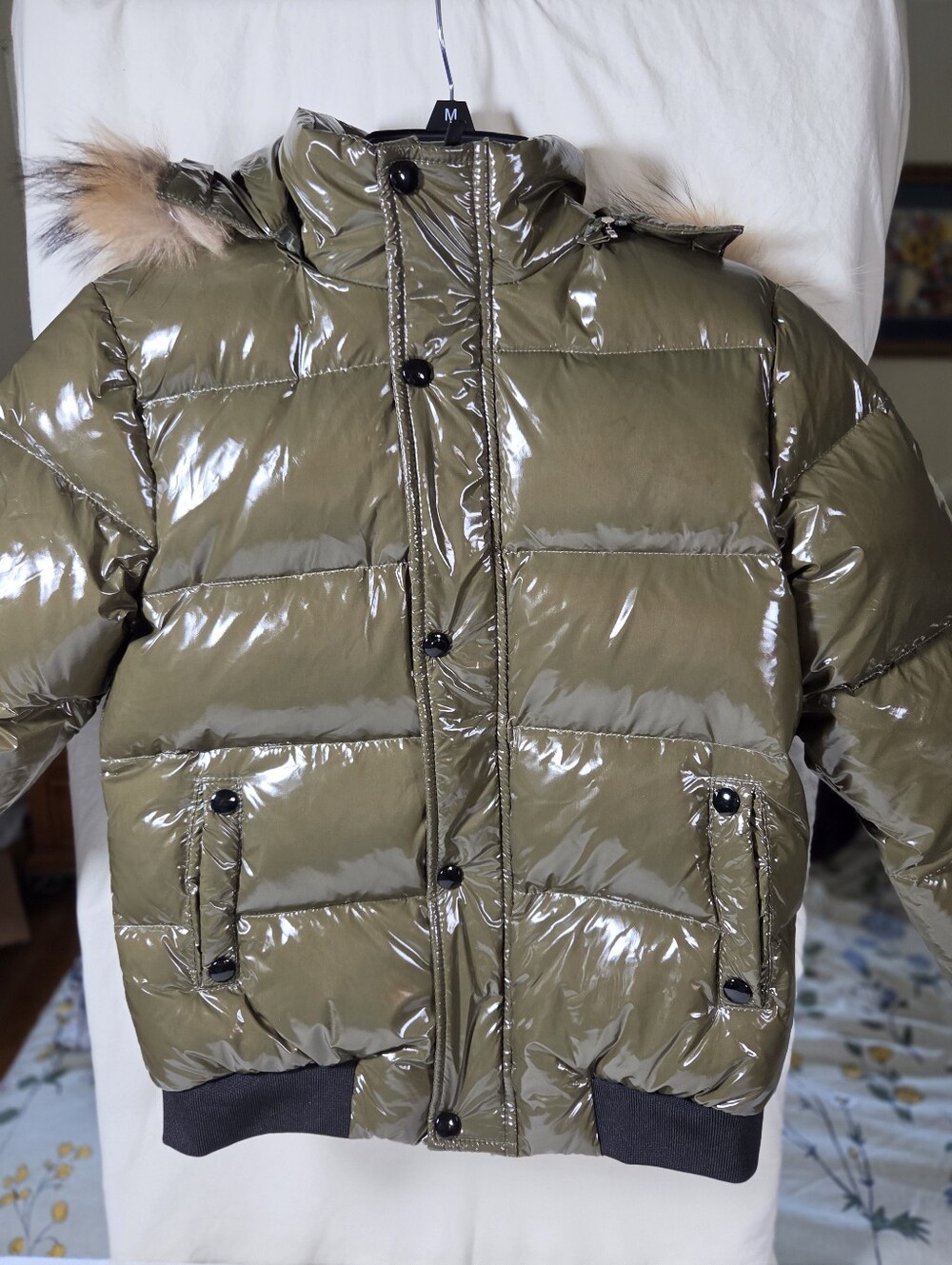 Kids Olive Shiny Puffer Jacket with Faux Fur Hood